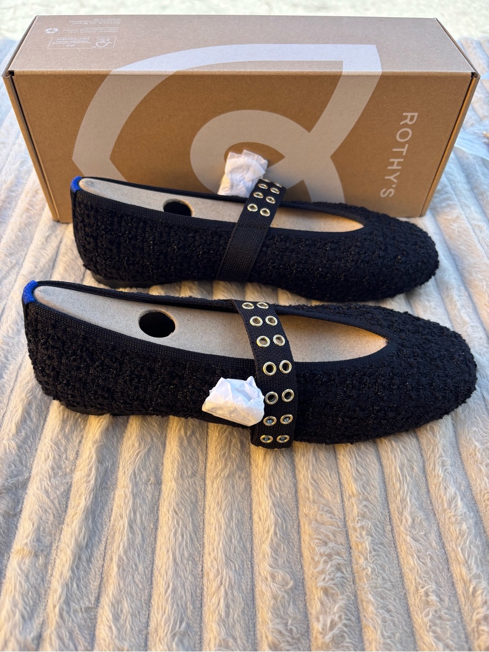 Rothy's Black Textured Mary Jane Flats with Eyelet Strap Twinkle Boucle - Picture 2 of 6